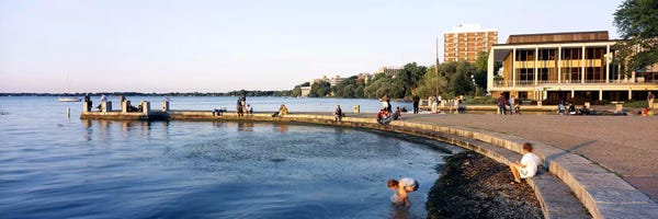 Group Of People At A Waterfront Lake Mendota University Wisconsin Memorial Ver. II