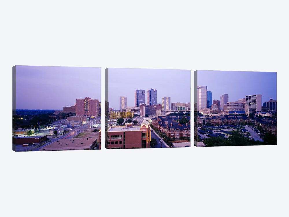 Skyscrapers in a city at dusk, Fort Worth, Texas, USA by Panoramic Images 3-piece Canvas Wall Art