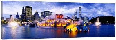 Fountain lit up at dusk, Buckingham Fountain, Grant Park, Chicago, Illinois, USA Canvas Art Print - City Parks