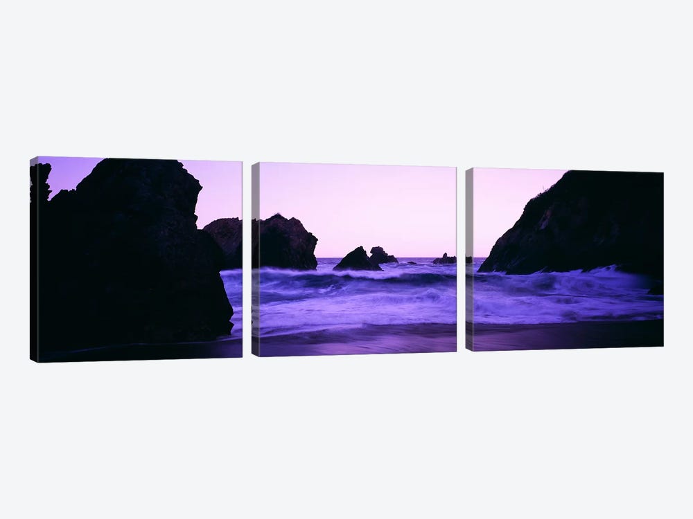 Crashing Waves Under A Purple Dusk, Santa Cruz Coast, California, USA by Panoramic Images 3-piece Canvas Wall Art