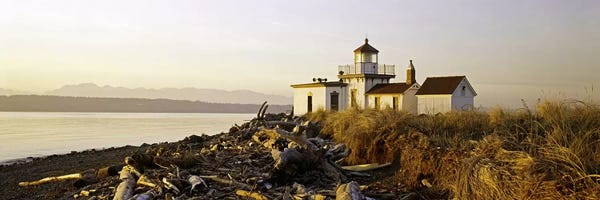 Washington: Lighthouse on the beach, West Point Lighthouse, Seattle, King County, Washington State, USA by Panoramic Images