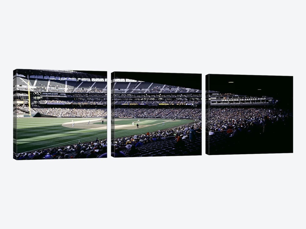 Baseball players playing baseball in a stadium, Safeco Field, Seattle, King County, Washington State, USA by Panoramic Images 3-piece Canvas Art Print