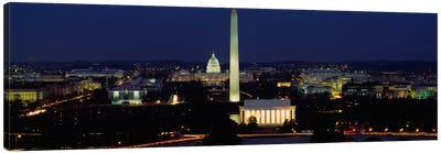 Buildings Lit Up At NightWashington Monument, Washington DC, District of Columbia, USA Canvas Art Print - Washington DC Skylines
