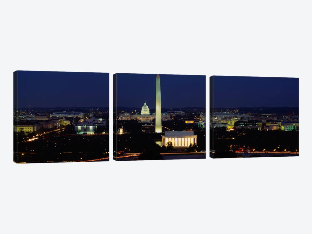 Buildings Lit Up At NightWashington Monument, Washington DC, District of Columbia, USA 3-piece Canvas Art Print