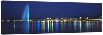 Jet d'Eau & Illuminated Buildings Along Quai Gustave-Ador, Geneva, Switzerland Canvas Art Print - Switzerland Art