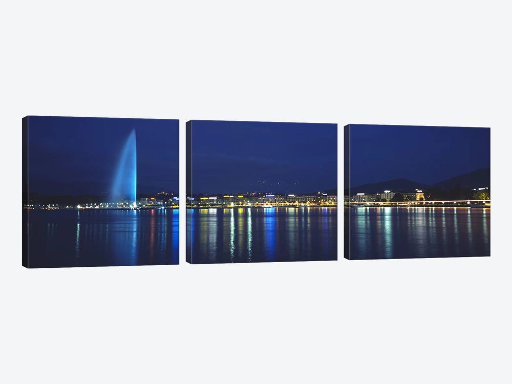Jet d'Eau & Illuminated Buildings Along Quai Gustave-Ador, Geneva, Switzerland by Panoramic Images 3-piece Canvas Art Print