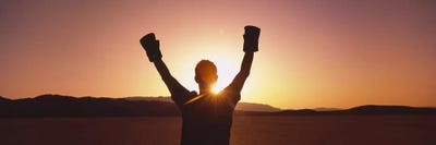 Silhouette of a person wearing boxing gloves in a desert at dusk, Black Rock Desert, Nevada, USA by Panoramic Images framed canvas print