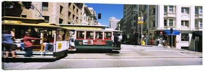 Two cable cars on a road, Downtown, San Francisco, California, USA Canvas Art Print - San Francisco Art