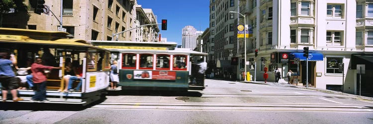 Two cable cars on a road, Downtown, San Francisco, California, USA