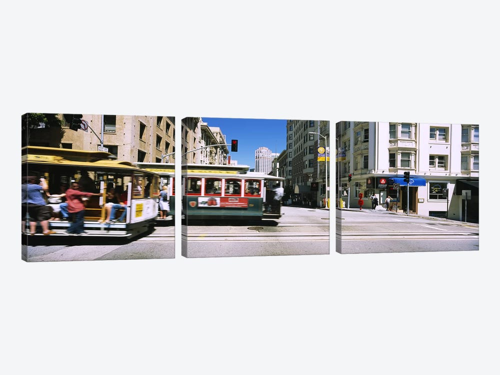 Two cable cars on a road, Downtown, San Francisco, California, USA by Panoramic Images 3-piece Canvas Print