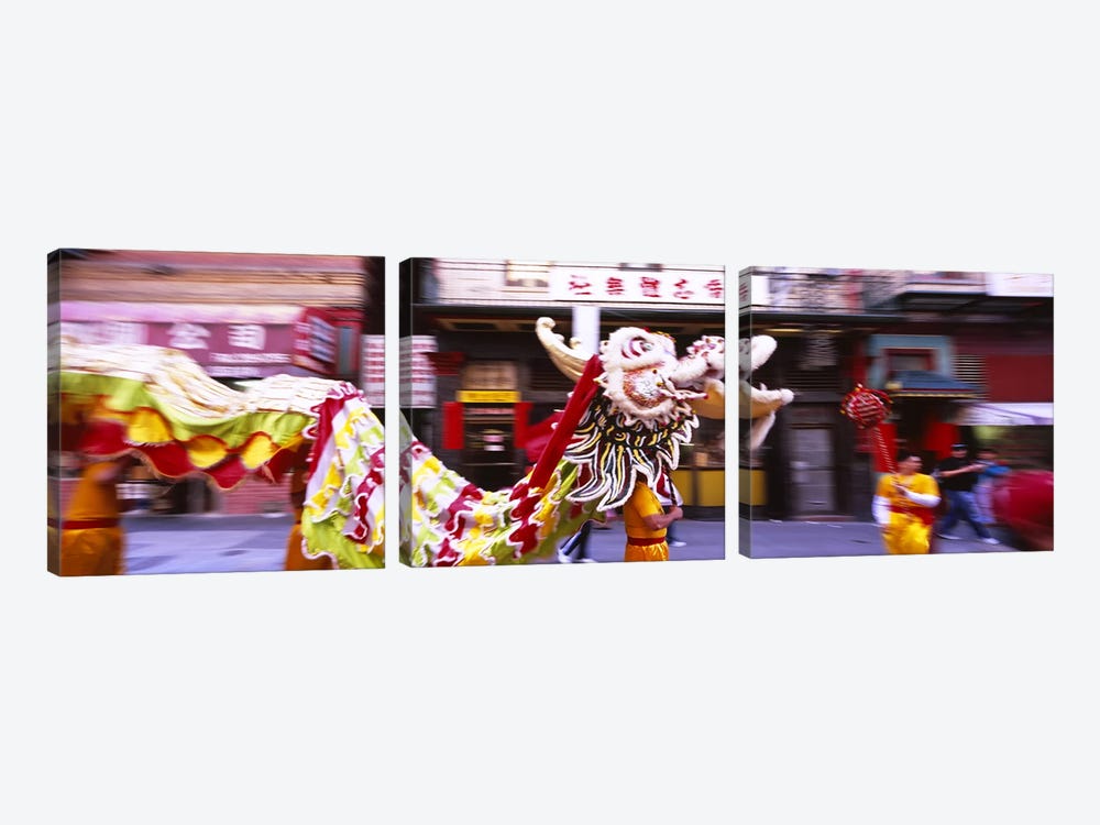 Group of people performing dragon dancing on a road, Chinatown, San Francisco, California, USA by Panoramic Images 3-piece Canvas Artwork