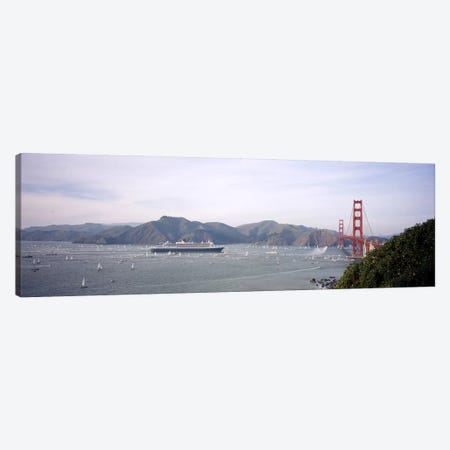 Cruise ship approaching a suspension bridge, RMS Queen Mary 2, Golden Gate Bridge, San Francisco, California, USA Canvas Print #PIM6450} by Panoramic Images Art Print