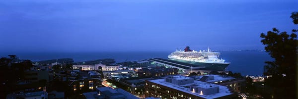 Cruise Ships: High angle view of a cruise ship at a harbor, RMS Queen Mary 2, San Francisco, California, USA by Panoramic Images