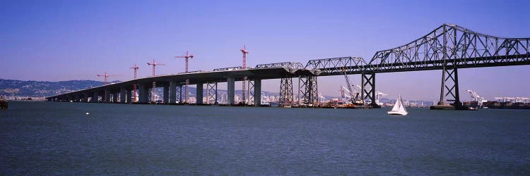 Cranes at a bridge construction site, Bay Bridge, Treasure Island, Oakland, San Francisco, California, USA