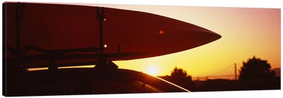Close-up of a kayak on a car roof at sunset, San Francisco, California, USA Canvas Art Print - Surfing Art