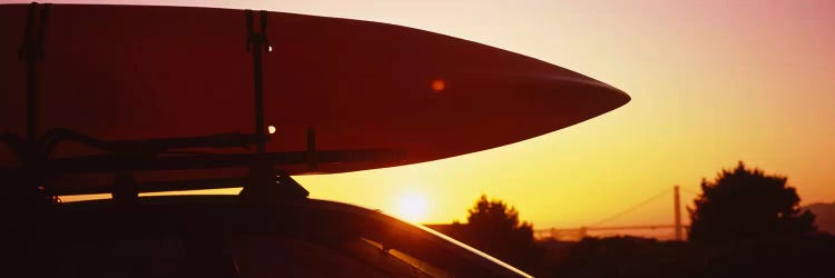 Close-up of a kayak on a car roof at sunset, San Francisco, California, USA