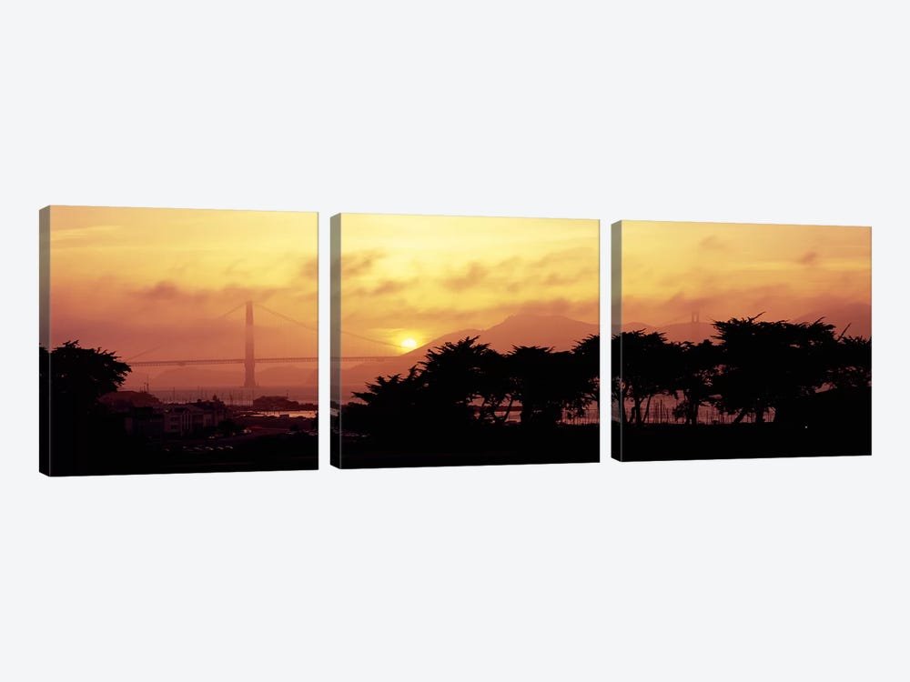 Silhouette of trees at dusk with a bridge in the background, Golden Gate Bridge, San Francisco, California, USA by Panoramic Images 3-piece Canvas Artwork