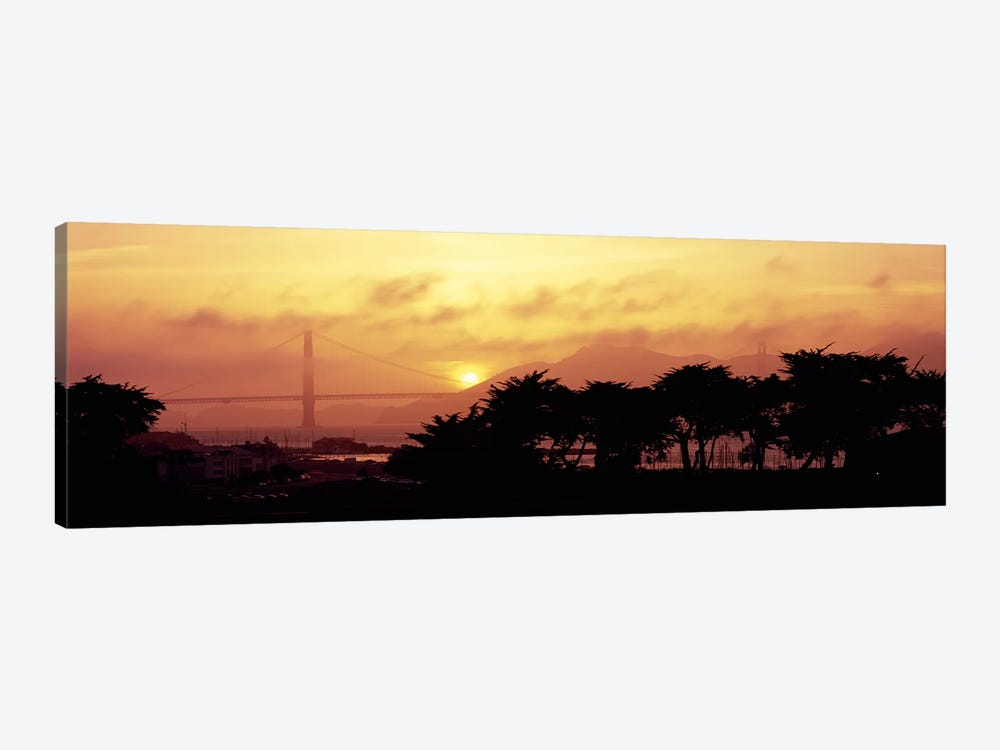 Silhouette of trees at dusk with a bridge in the background, Golden Gate Bridge, San Francisco, California, USA by Panoramic Images 1-piece Canvas Art
