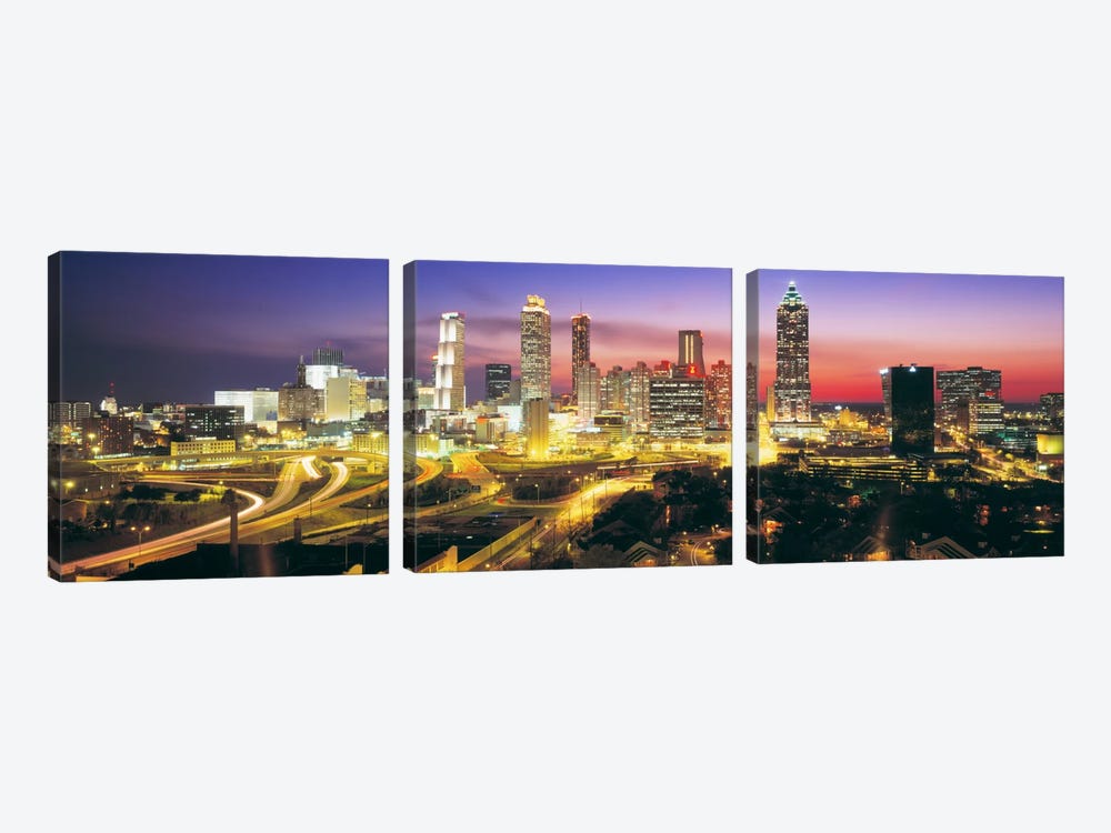 SkylineEvening, Dusk, Illuminated, Atlanta, Georgia, USA, 3-piece Canvas Art