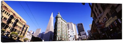 Low angle view of buildings in a city, Columbus Avenue, San Francisco, California, USA Canvas Art Print