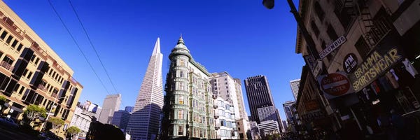 Low angle view of buildings in a city, Columbus Avenue, San Francisco, California, USA