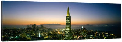Buildings lit up at duskTransamerica Pyramid, San Francisco, California, USA Canvas Art Print - San Francisco Skylines