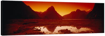 Orangish-Red Sunrise Over Mitre Peak And Milford Sound, South Island, New Zealand Canvas Art Print - New Zealand Art