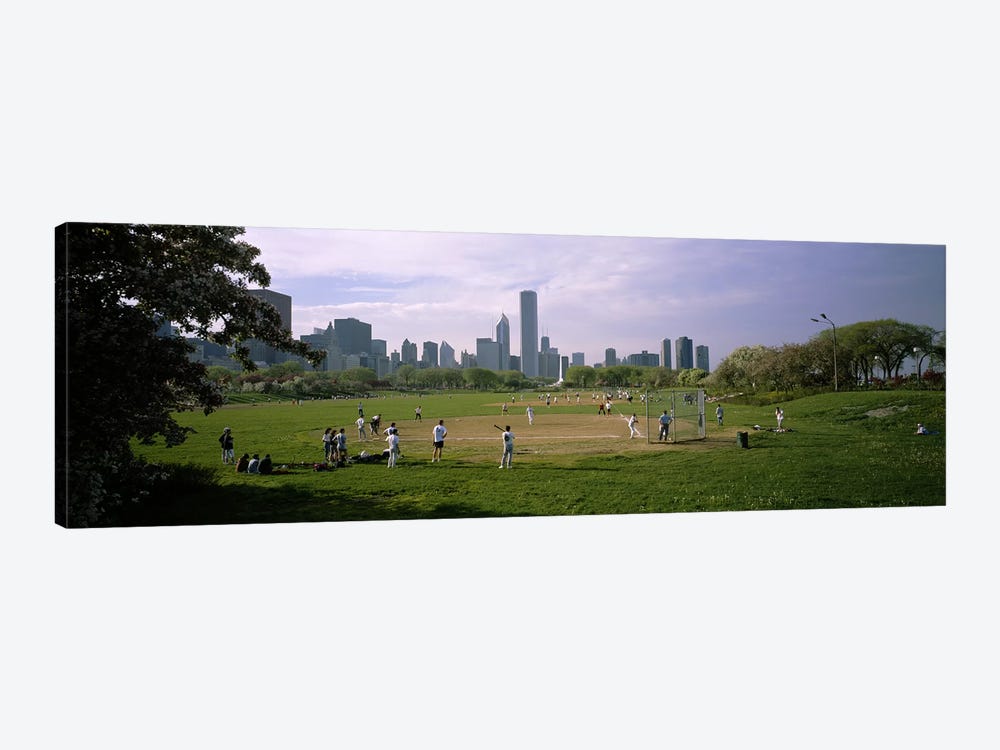 Group of people playing baseball in a park, Grant Park, Chicago, Cook County, Illinois, USA by Panoramic Images 1-piece Canvas Artwork