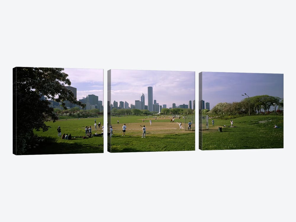 Group of people playing baseball in a park, Grant Park, Chicago, Cook County, Illinois, USA by Panoramic Images 3-piece Canvas Wall Art