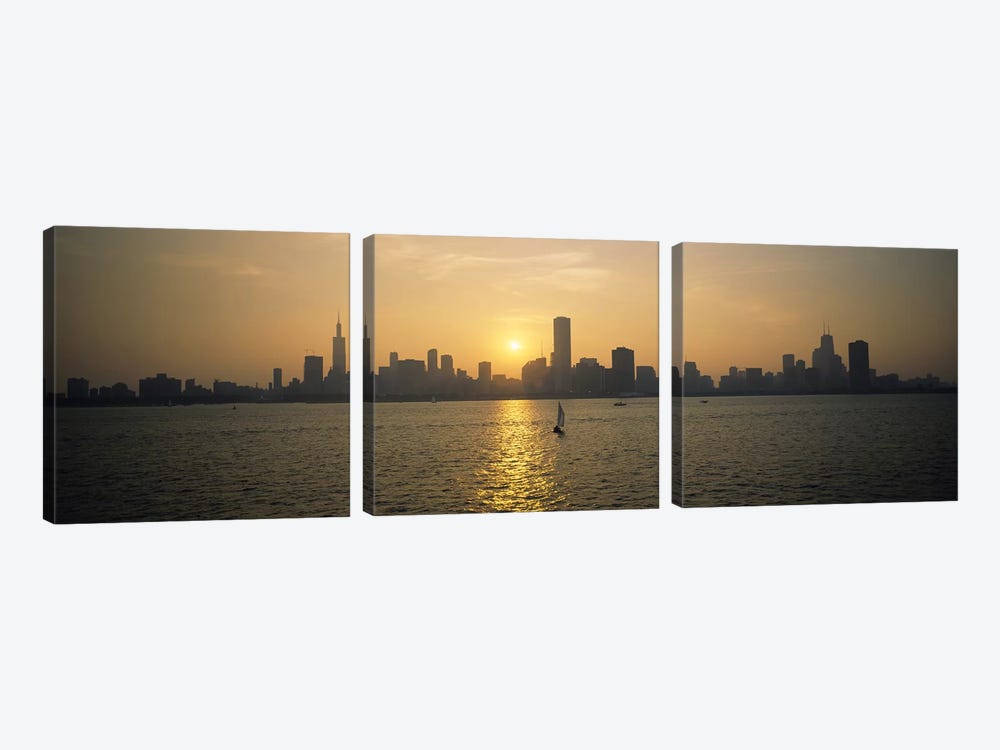 Silhouette of skyscrapers at the waterfront, Chicago, Cook County, Illinois, USA by Panoramic Images 3-piece Art Print