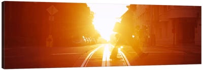Side profile of a person crossing the cable car tracks at sunset, San Francisco, California, USA Canvas Art Print - San Francisco Art