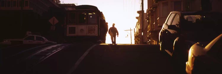 Cable car on the tracks at sunset, San Francisco, California, USA