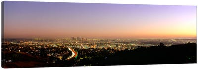 Aerial view of buildings in a city at dusk from Hollywood HillsHollywood, City of Los Angeles, California, USA Canvas Art Print - Hollywood Art