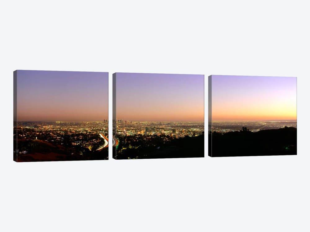 Aerial view of buildings in a city at dusk from Hollywood HillsHollywood, City of Los Angeles, California, USA by Panoramic Images 3-piece Canvas Art Print