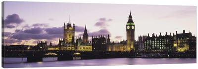 Buildings lit up at duskBig Ben, Houses of Parliament, Thames River, City of Westminster, London, England Canvas Art Print