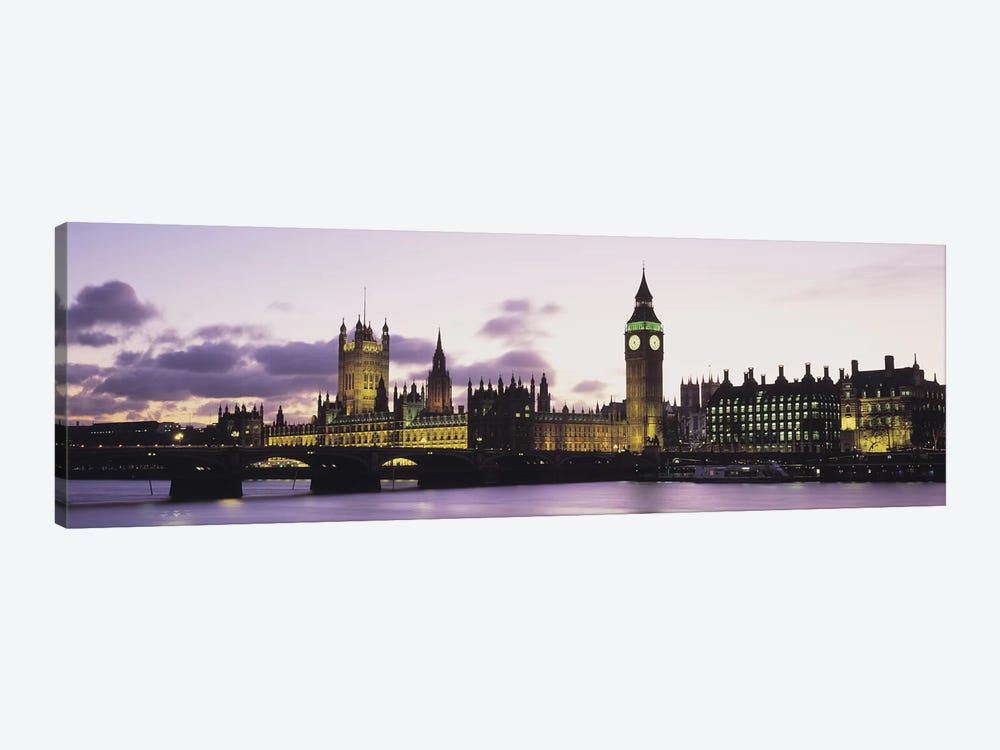 Buildings lit up at duskBig Ben, Houses of Parliament, Thames River, City of Westminster, London, England by Panoramic Images 1-piece Canvas Wall Art