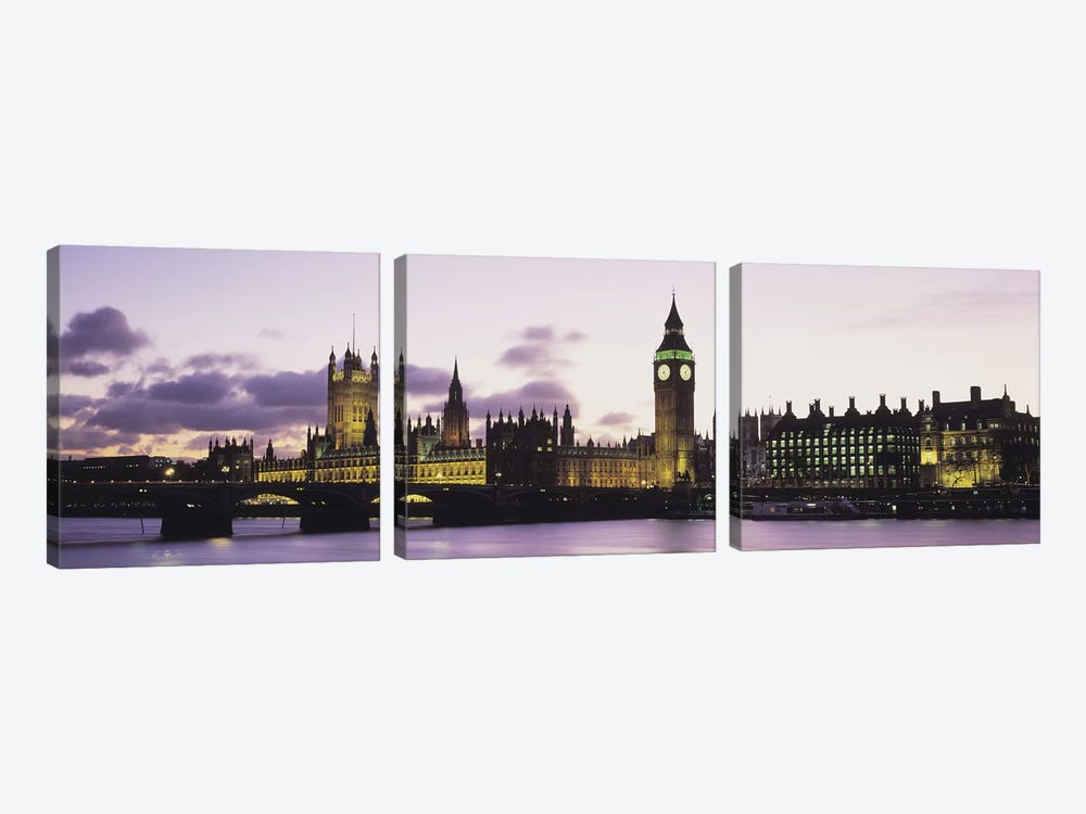 Buildings lit up at duskBig Ben, Houses of Parliament, Thames River, City of Westminster, London, England by Panoramic Images 3-piece Canvas Wall Art