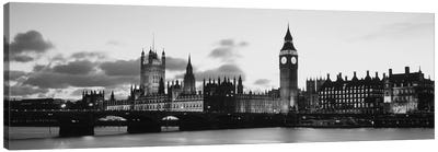 Buildings lit up at dusk, Big Ben, Houses of Parliament, Thames River, City of Westminster, London, England (black & white) Canvas Art Print - England Art
