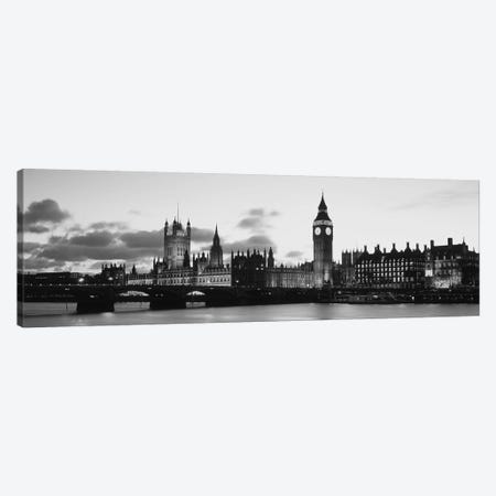 Buildings lit up at dusk, Big Ben, Houses of Parliament, Thames River, City of Westminster, London, England (black & white) Canvas Print #PIM6595bw} by Panoramic Images Canvas Art