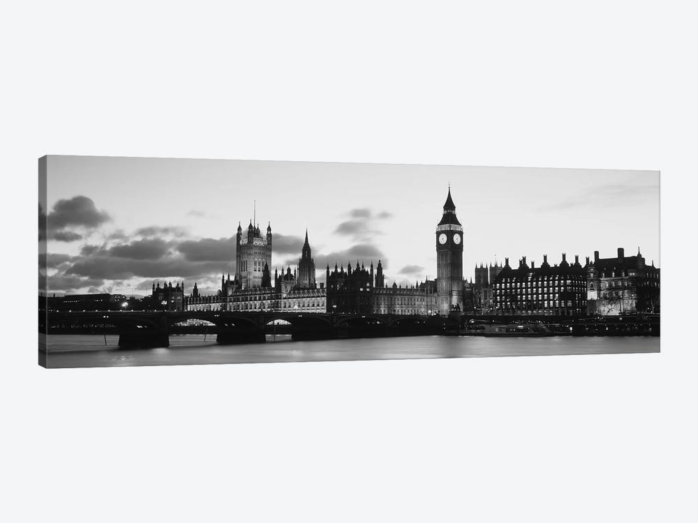 Buildings lit up at dusk, Big Ben, Houses of Parliament, Thames River, City of Westminster, London, England (black & white) by Panoramic Images 1-piece Canvas Wall Art