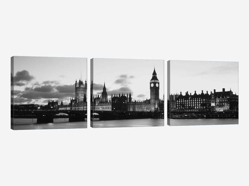 Buildings lit up at dusk, Big Ben, Houses of Parliament, Thames River, City of Westminster, London, England (black & white) by Panoramic Images 3-piece Canvas Wall Art