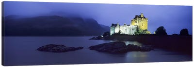 Castle lit up at duskEilean Donan Castle, Loch Duich, Dornie, Highlands Region, Scotland Canvas Art Print - Scotland Art