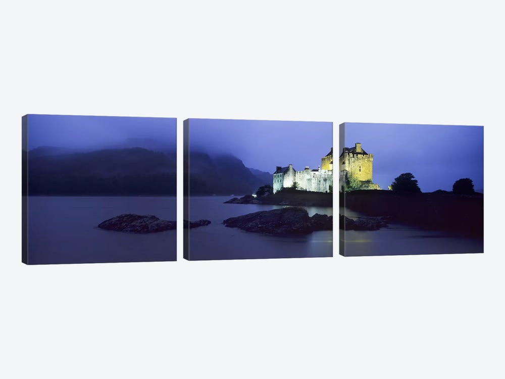 Castle lit up at duskEilean Donan Castle, Loch Duich, Dornie, Highlands Region, Scotland by Panoramic Images 3-piece Canvas Print