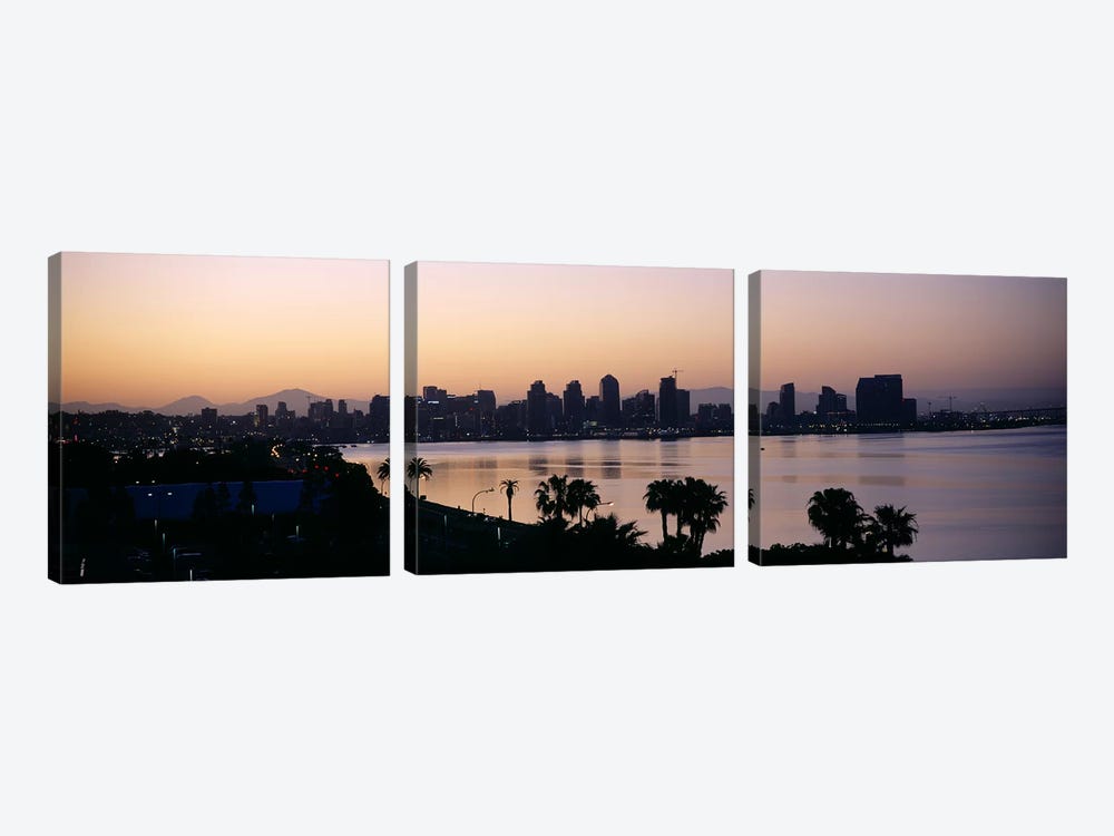 Silhouette of buildings at the waterfront, San Diego, San Diego Bay, San Diego County, California, USA by Panoramic Images 3-piece Canvas Artwork