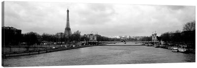 A View Down The Seine In B&W, Paris, Ile-De-France, France Canvas Art Print - Famous Buildings & Towers