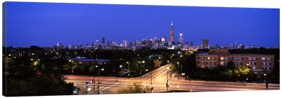 Buildings lit up at dusk, Chicago, Illinois, USA #3 Canvas Art Print - Chicago Skylines