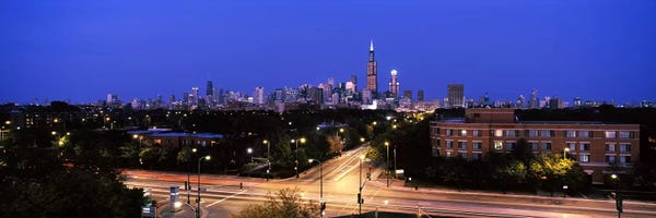 Chicago Skylines: Buildings lit up at dusk, Chicago, Illinois, USA #3 by Panoramic Images