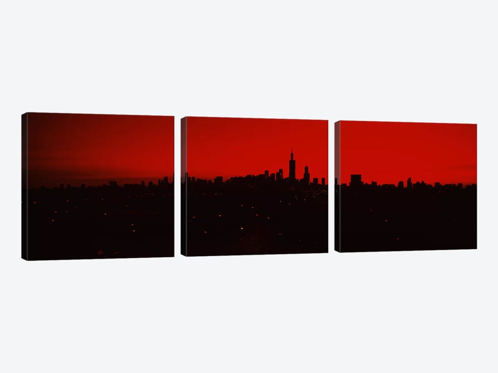 Silhouette of buildings at sunrise, Chicago, Illinois, USA by Panoramic Images 3-piece Canvas Print