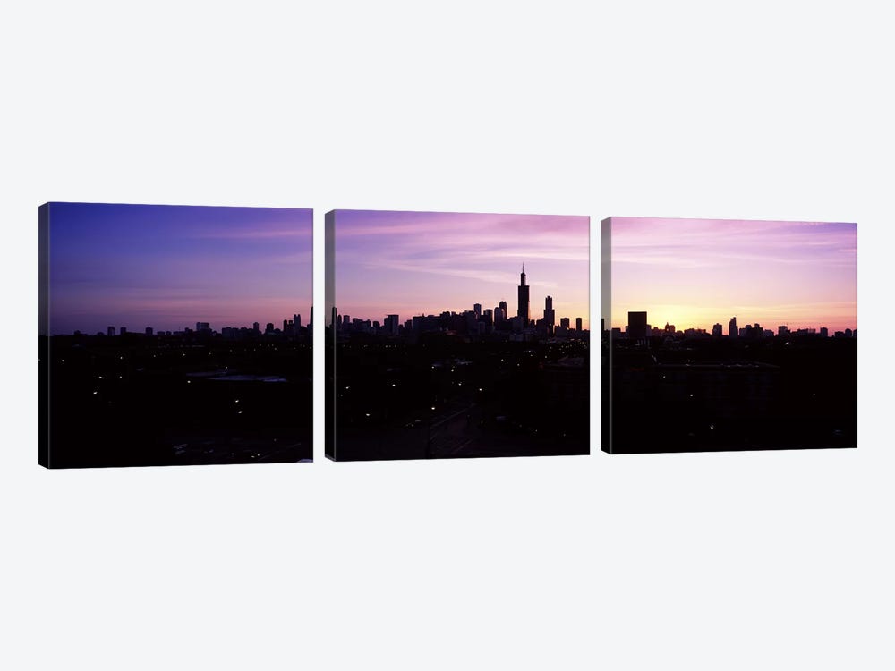 Silhouette of buildings at sunrise, Chicago, Illinois, USA #2 by Panoramic Images 3-piece Canvas Artwork