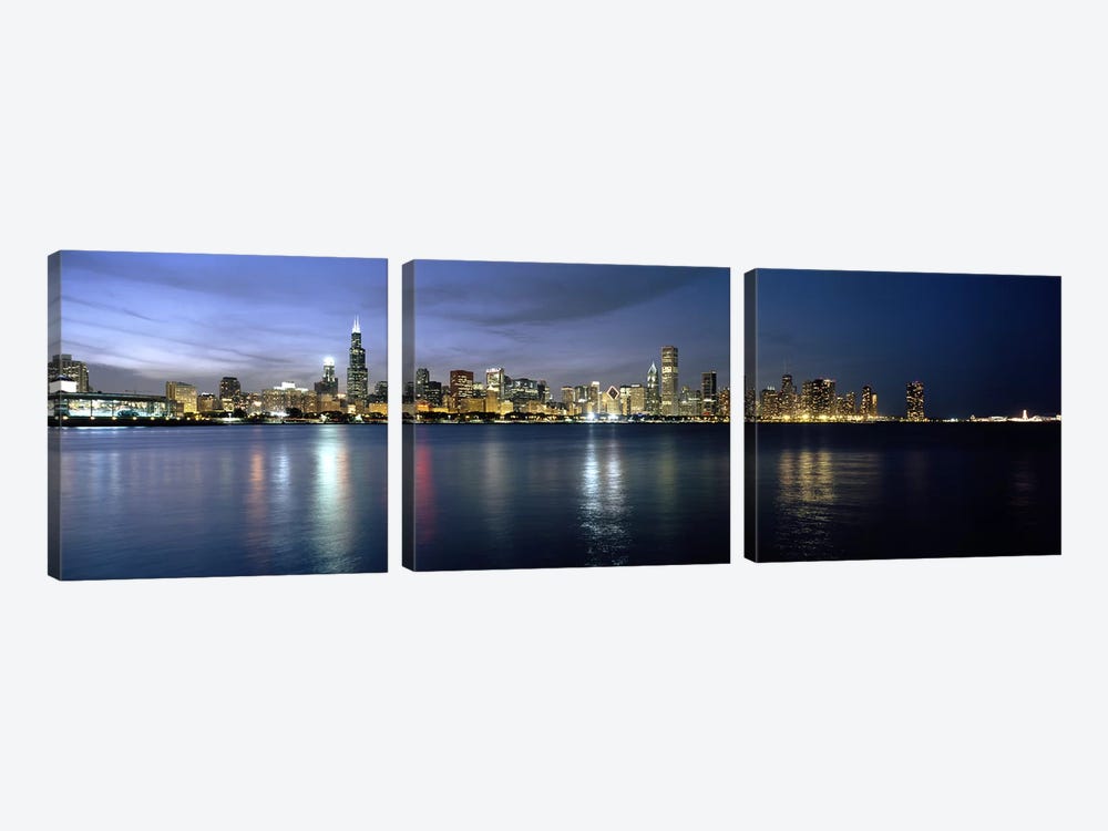 Downtown Skyline At Night, Chicago, Cook County, Illinois, USA by Panoramic Images 3-piece Canvas Print